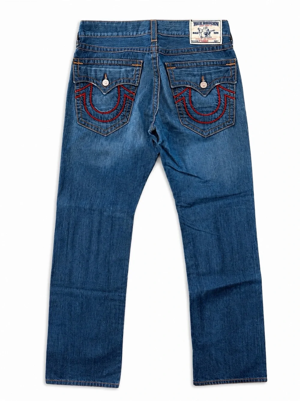 True Religion Men's Slim Straight Blue Jeans with Red Pocket Embroidery 33